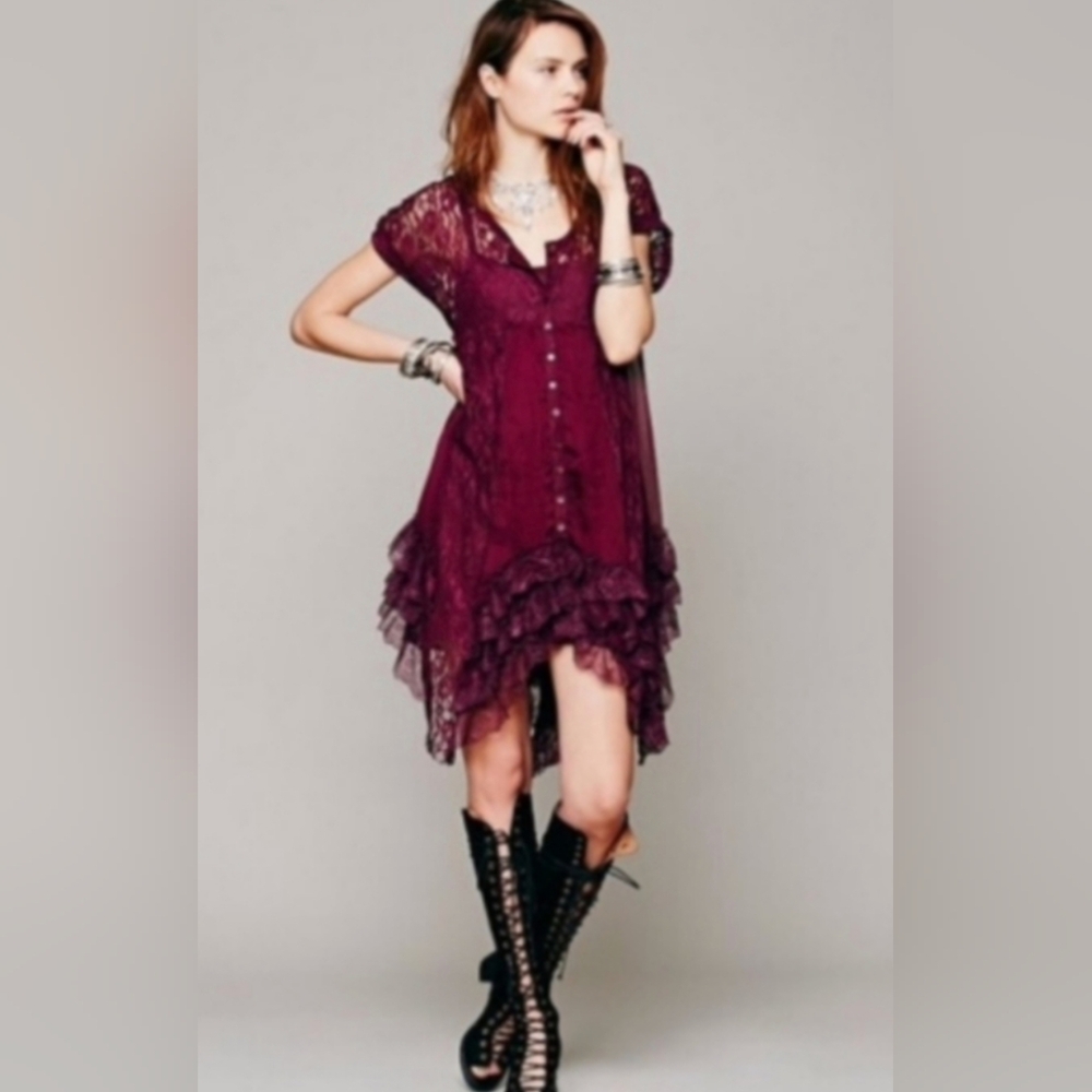 Free People Prairie Ruffle Victorian Lace Asymmetrical Boho Mini Dress XS